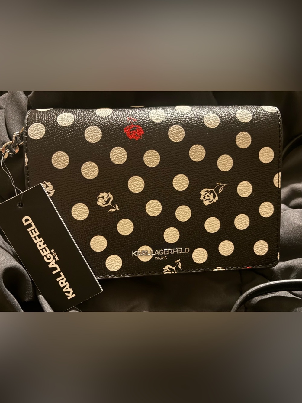 Karl Lagerfeld Black Wallet with Cream Polka Dots and Red Rose Accent NWT